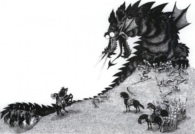 Een illustratie van de draak Katla uit het boek