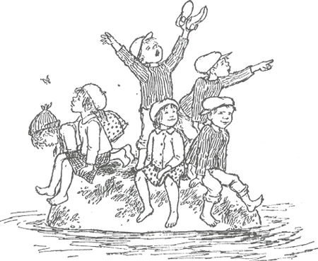 illustratie uit het boek met de kinderen op een eilandje
