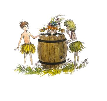 Een tekening waarin Pippi in een ton zit en Tommy en Annika er omheen staan. 