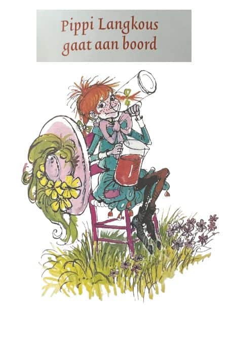 Een afbeelding van Pippi Langkous die op een kruk limonade drinkt.