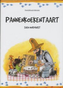 de cover van het zweedse kinderboek Pannenkoekentaart pettson en findus van schrijver sven nordqvist