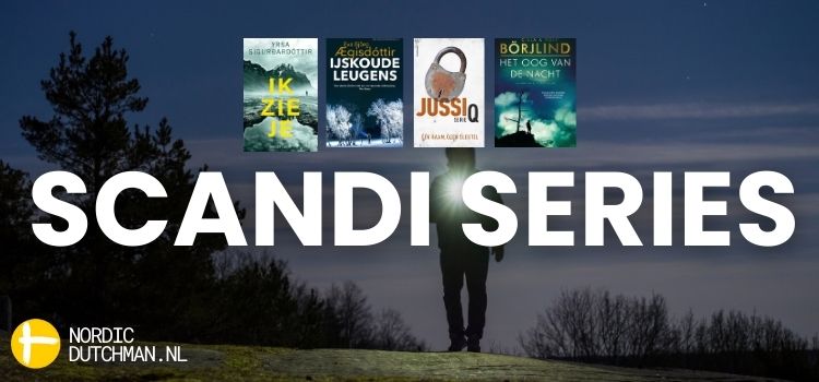 Een banner met de tekst 'scandi series', de cover van een aantal scandinavische thrillers boeken en een afbeelding van een man die in het donker loopt met een zaklamp. 